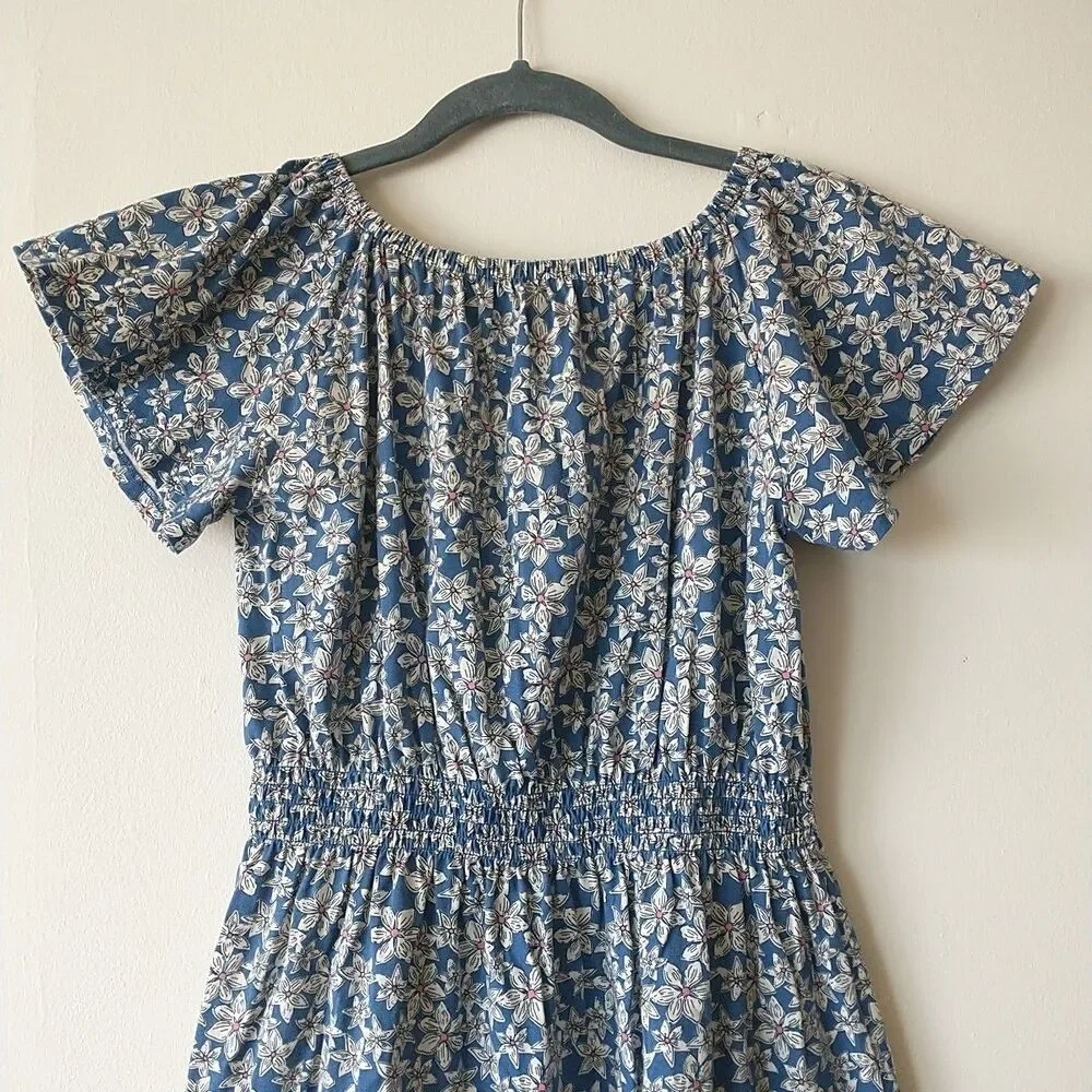 Gap Dress Girls XXL Blue Floral Elastic Waist Round Neck Short Sleeve Cotton